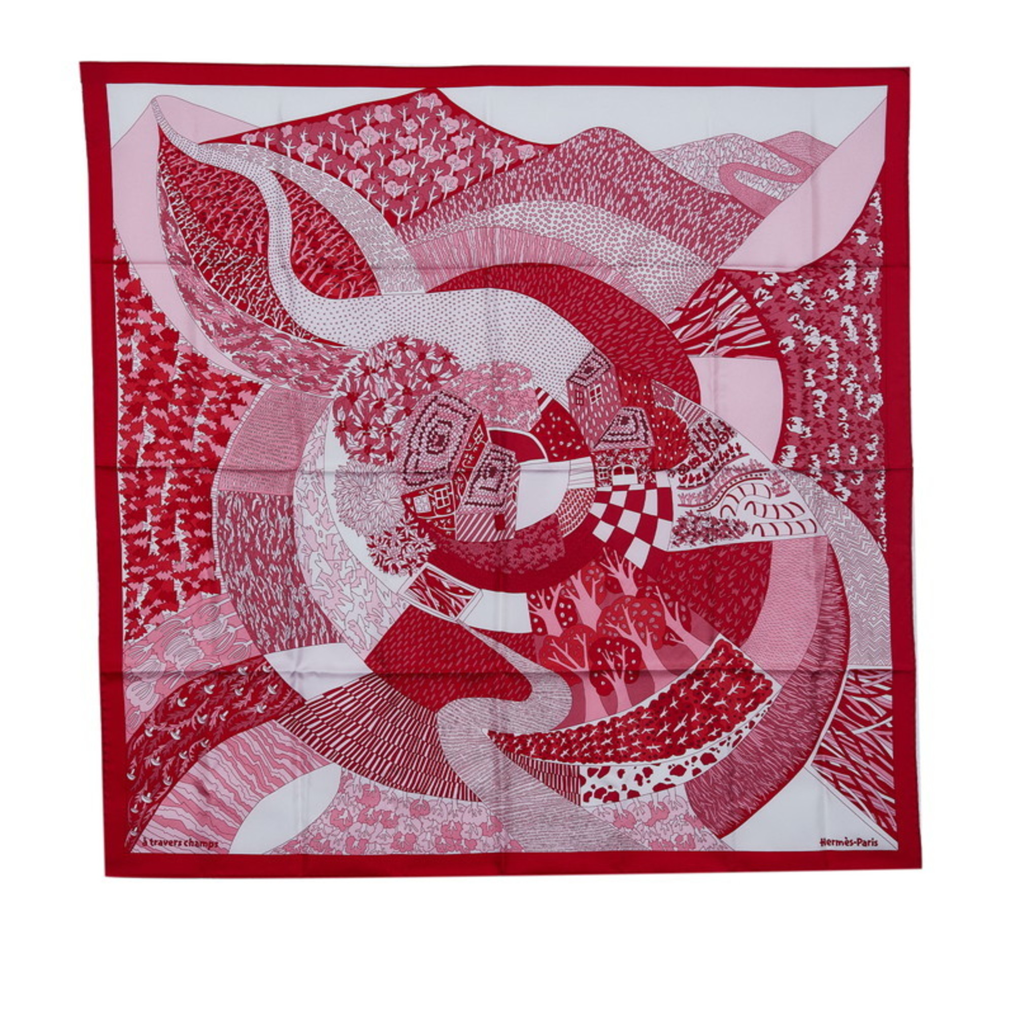Pre-Owned Hermes Carre 90 Travers Champs Through the Countryside Scarf Muffler Red Multicolor Silk Women's HERMES (Good)