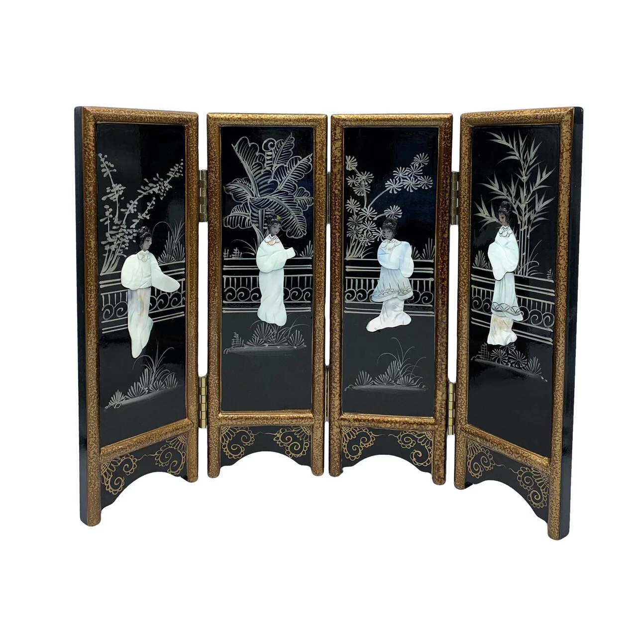 14" H. Hand Painted Oriental Black Lacquer with Mother of Pearl Folding Screen - Oriental Furniture Warehouse