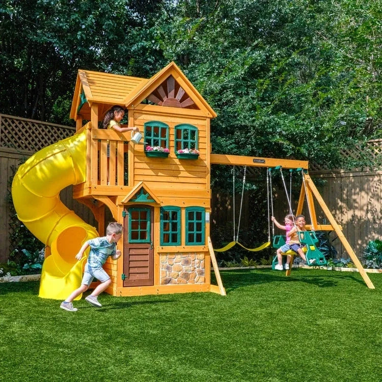 KidKraft Boulder Station Wooden Swing Set / Playset with Tube Slide