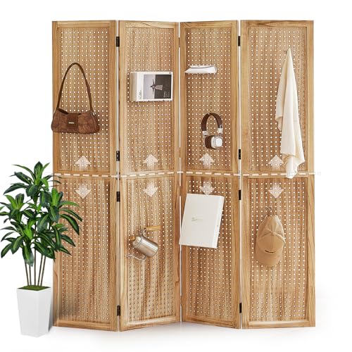 5.6Ft Wood PegBoard Room Divider 4 Panel Detachable Folding Privacy Screen Pegboard Display 33.5" 2in1 Standalone Portable Wall Divider Room