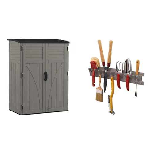 Suncast 54 Cubic Ft. Vertical Resin Outdoor Storage Shed with Lockable Double Doors, Weather-Resistant Multi-Wall Panels, Customizable Shelving