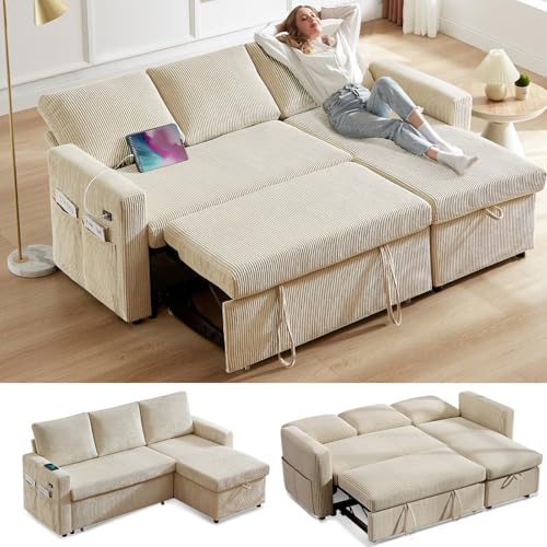 81" Sleeper Sofa Bed with Pull Out Bed, L Shaped Couch Sectional Sleeper Sofa, Pull Out Couch with Reclining Backrest, Reversible Storage Chaise