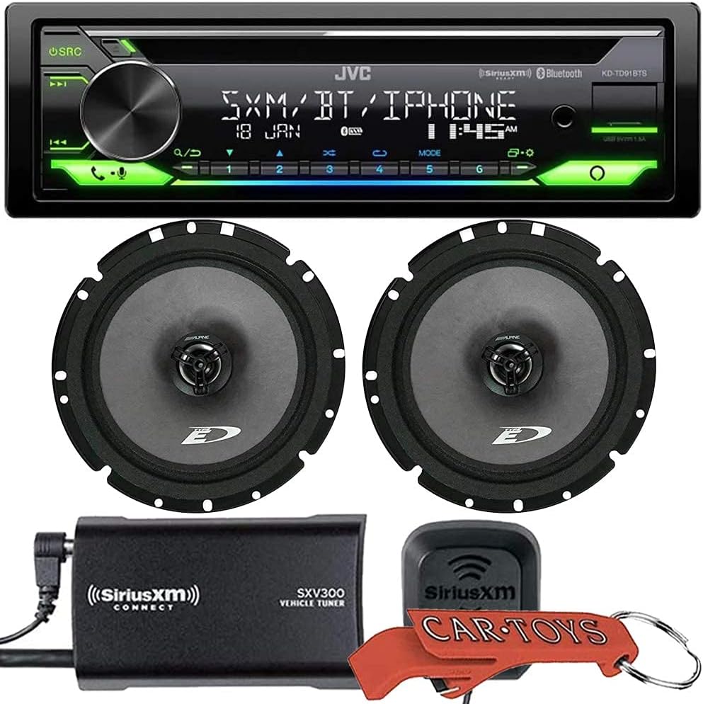 JVC KD-TD91BTS Car CD Receivier Music Lover's Bundle with SiriusXM Satellite Radio Tuner and Premium Alpine Coaxial Speakers. Amazon Alexa, Front USB