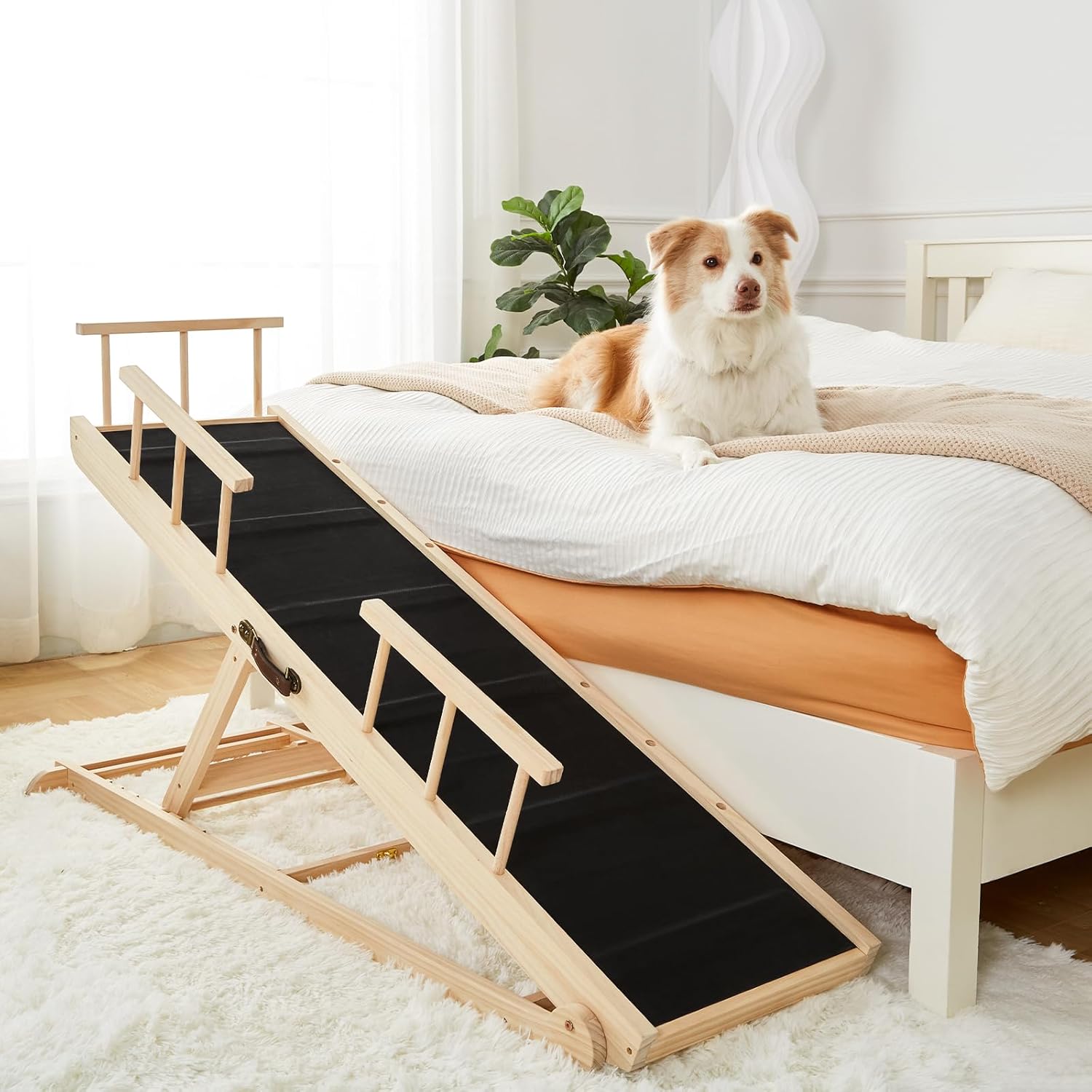 Woohoo Dog Ramp for Bed - Non-Slip Rubber Surface - Folding Wooden Pet Ramp for Dogs to Get on Bed - Dog Ramp for Large, Small, Old Dogs