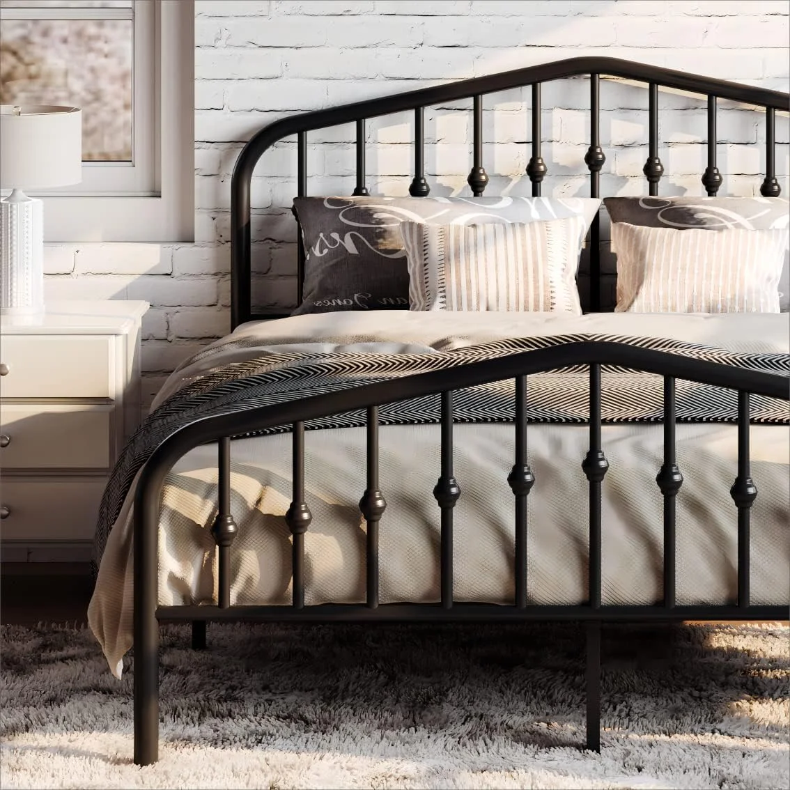 YINCHEN Queen Size Metal Platform Bed Frame with Victorian Style Wrought Iron-Art Headboard/Footboard, No Box Spring Required, Black