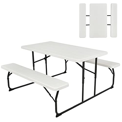 GYMAX Picnic Table, 550 LBS Folding Picnic Tables with Benches & Seats, Weather-Resistant Easy Setup Portable Picnic Table