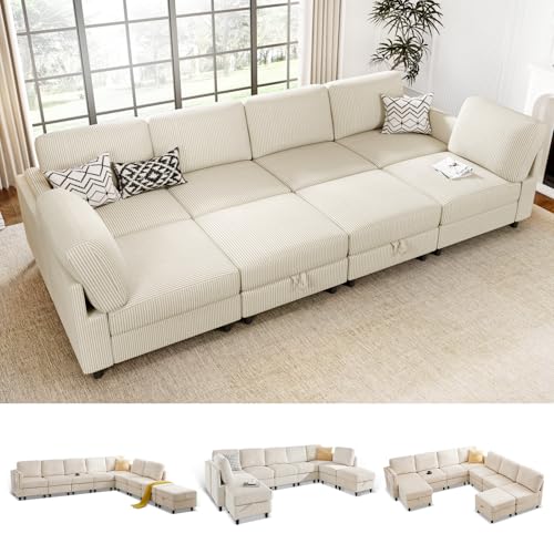 KKL Modular Sectional Sofa Bed with Storage Ottoman, Convertible L/U-Shaped Sleeper Couch for Living Room, Modern Reversible Design, Beige