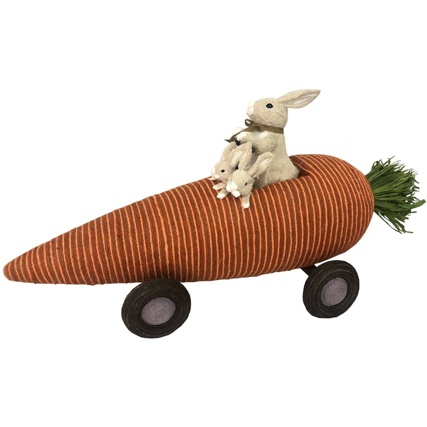 Fraser Hill Farm 29-In. Wide Sisal Carrot Car with Bunnies, Cute Easter Rabbit Figurine, Spring Decoration
