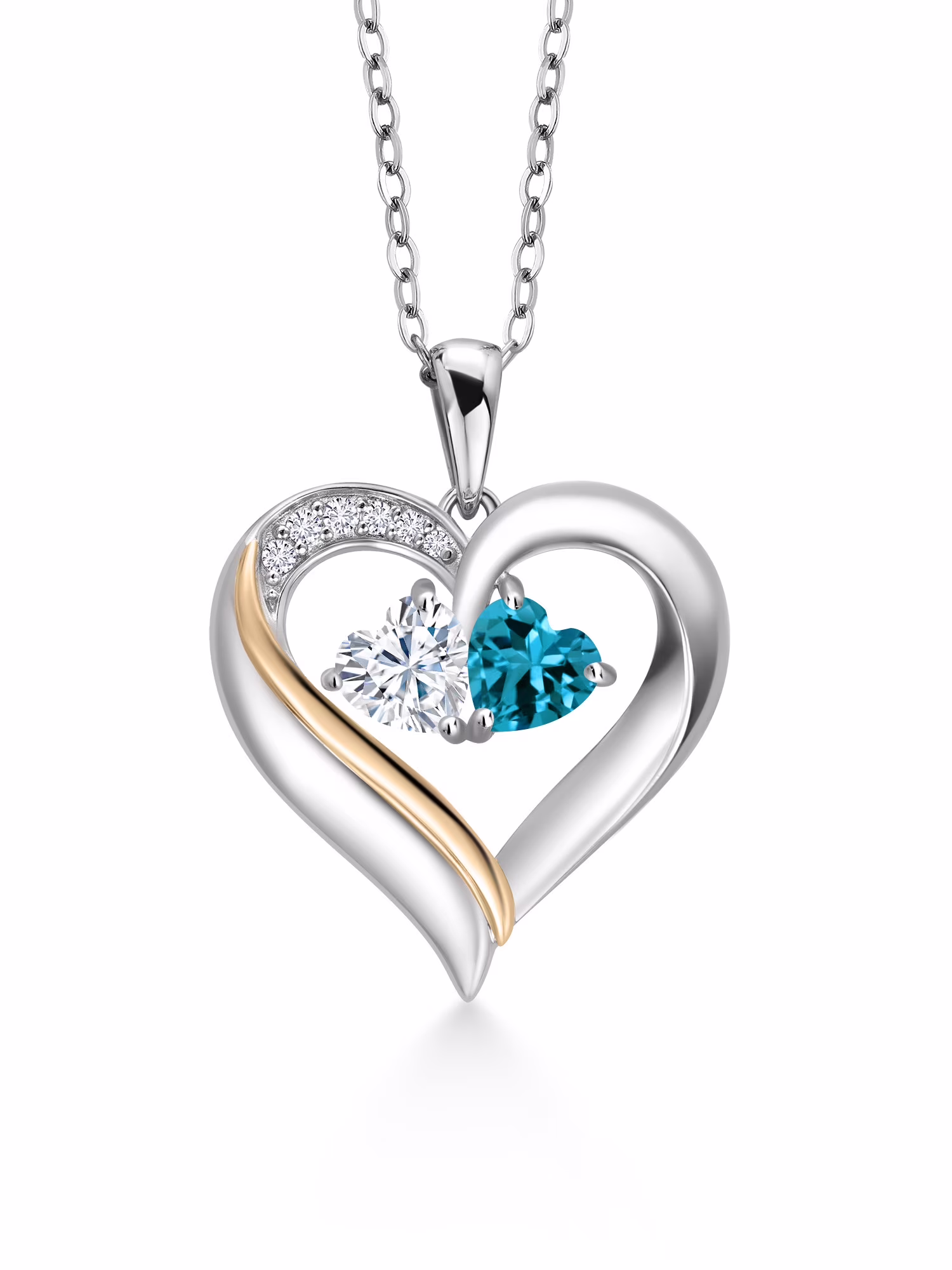 925 Silver and 10K Yellow Gold Heart Shape Lab Grown Diamond Pendant Necklace for Women with White Moissanite by Charles & Colvard and London Blue