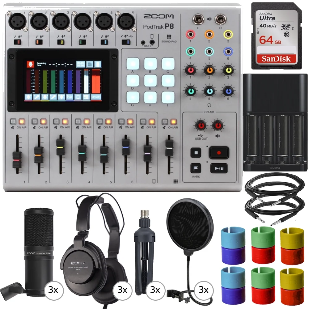 Zoom PodTrak P8 Portable Multitrack Podcast Recorder + 3x Zoom ZDM-1 Podcast Mic Pack Accessory Bundle - Curated Treasures Market
