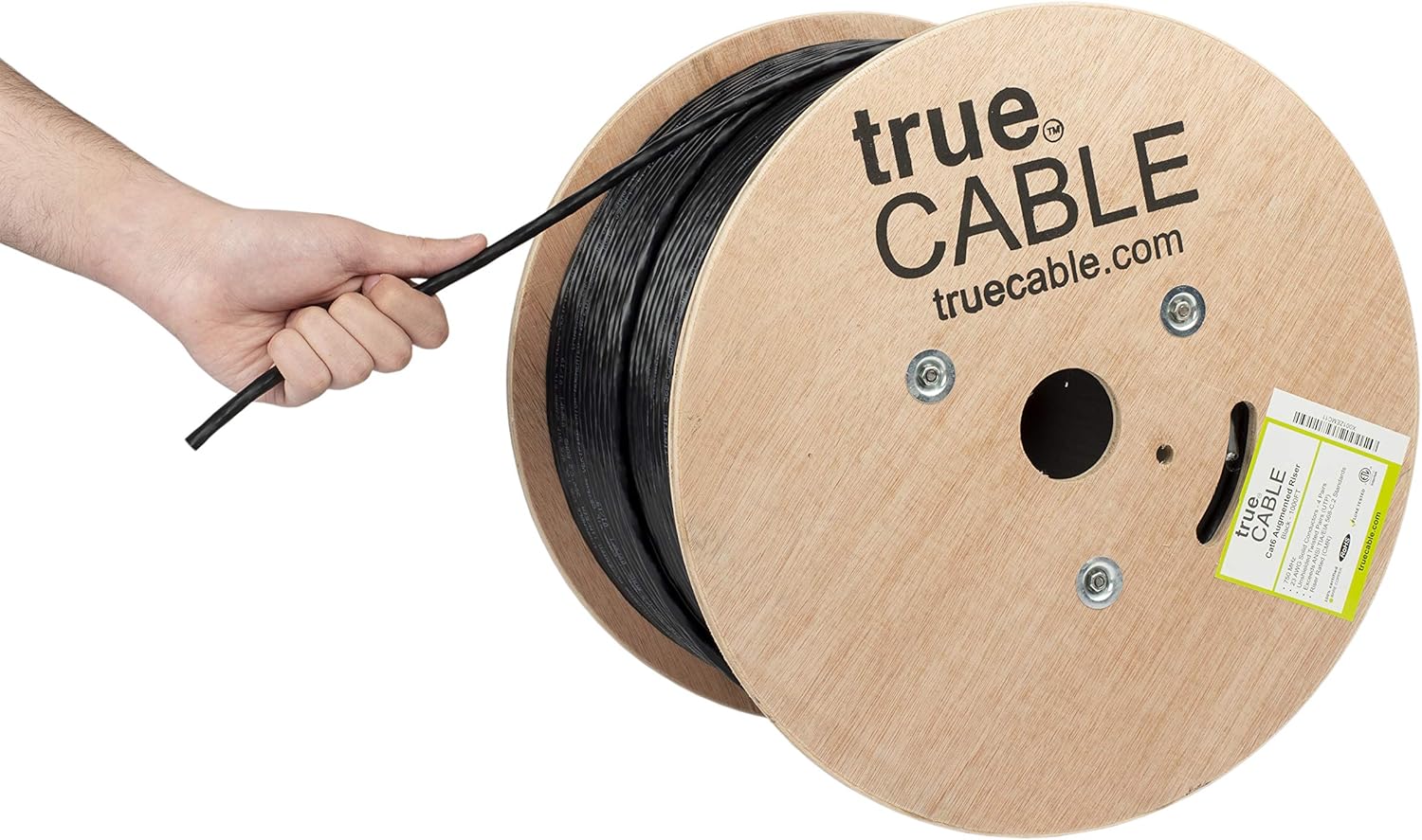 trueCABLE Cat6A Riser (CMR), 1000ft, Blue, 23AWG 4 Pair Solid Bare Copper, 750MHz, PoE++ (4PPoE), ETL Listed, Unshielded Twisted Pair (UTP)