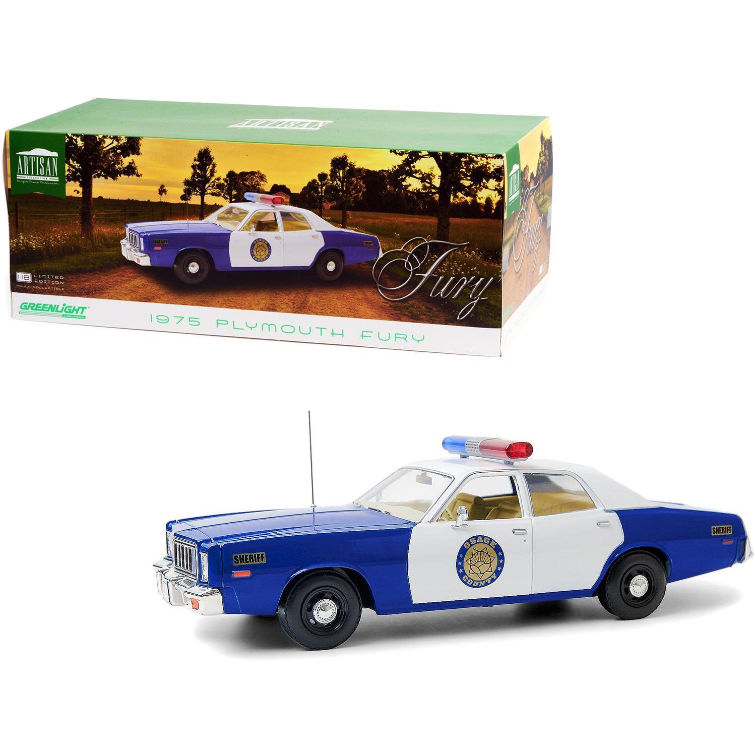 1975 Plymouth Fury Osage County Sheriff Blue and White 1/18 Diecast Model Car by Greenlight