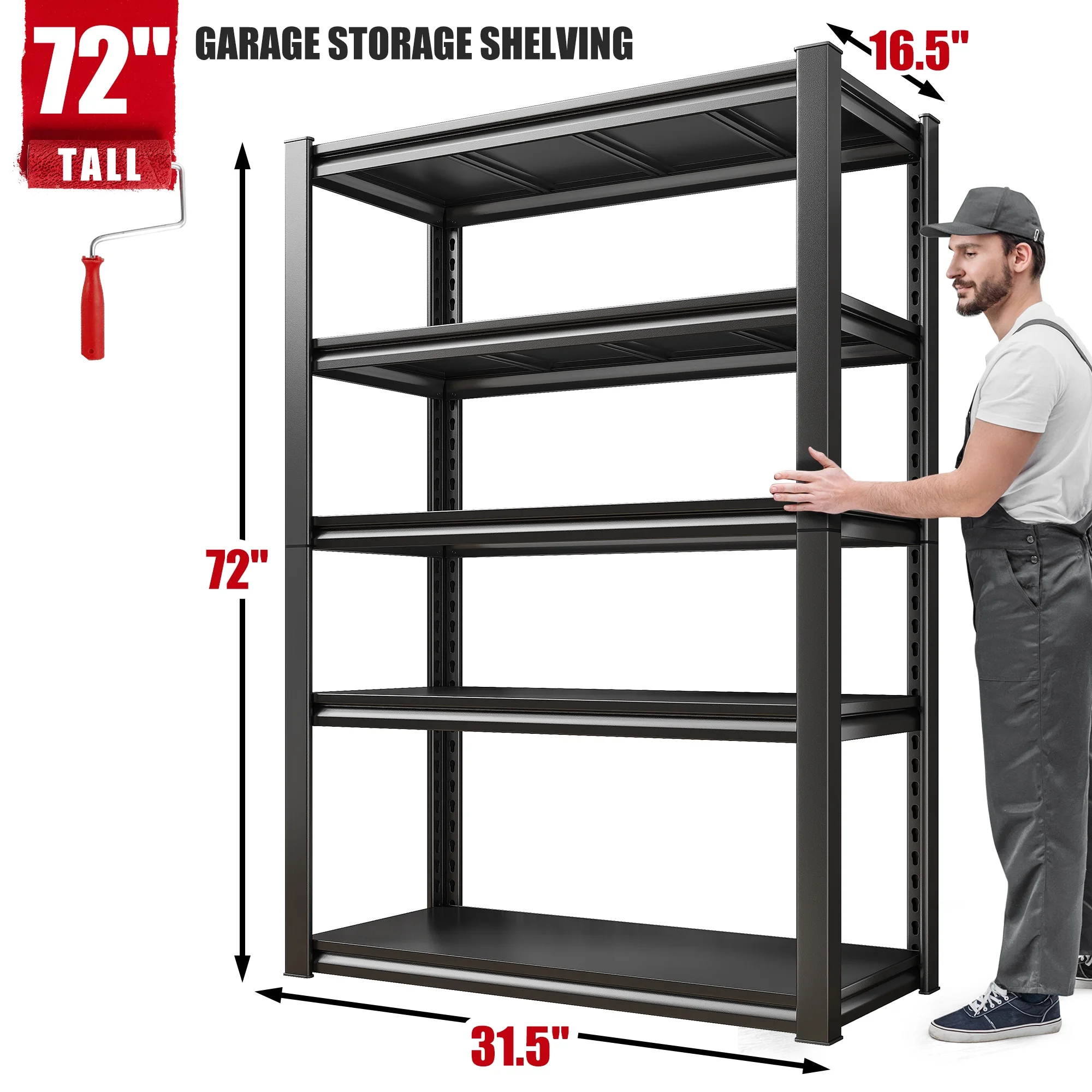 72"H 5-Shelf Garage Shelving Heavy Duty Storage Shelves for Garage Storage 2000Lbs Standing Metal Shelf Rack Adjustable Industial Shelving Unit for