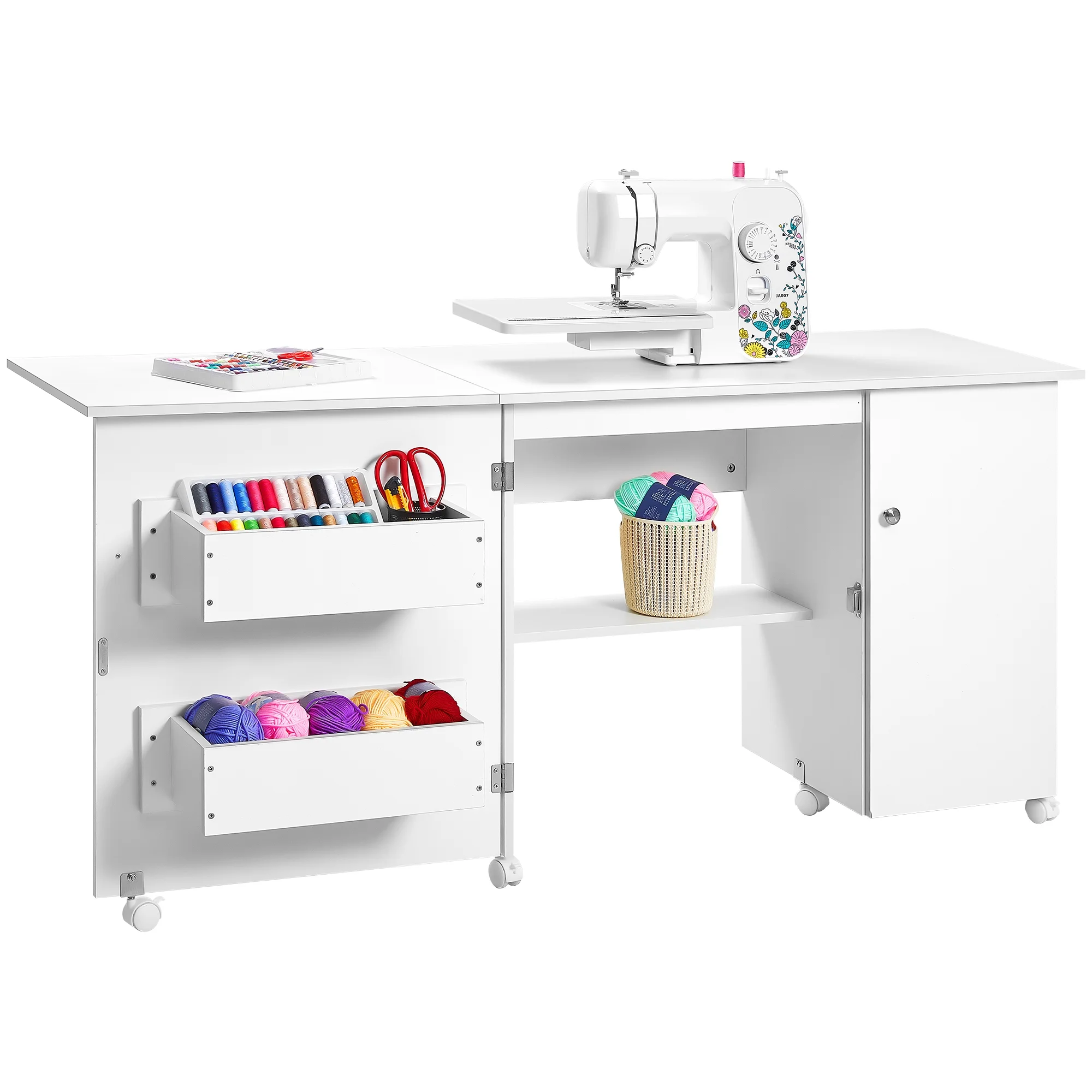 Homfa Folding Sewing Machine Table with Cabinet, 63 Inch Multipurpose Large Sewing Craft Cart with Storage Shelves, Sewing Desk with Lockable Casters