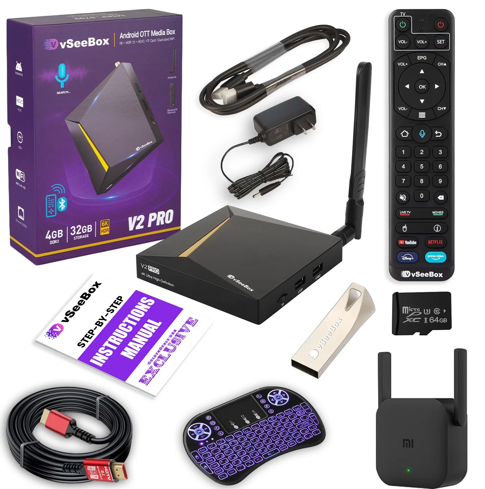 Latest vSeeBox V2 Pro Bundle with Voice Control Remote, 8K HDMI Cable, 64GB TF Card, 64GB USB Drive, WiFi Extender, Backlit Keyboard