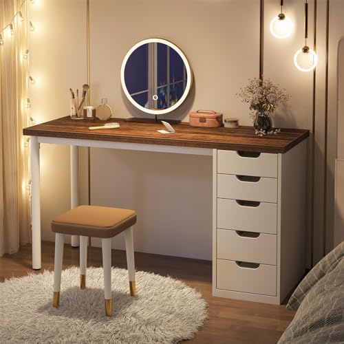 Tribesigns 47 inches Vanity Desk with 5 Drawers, Rustic Brown Makeup Vanity Table Dressing Table with Storage, Modern Simple Computer Desk for Women