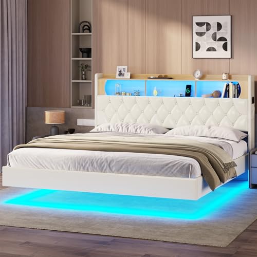 Queen Floating Bed Frame with Storage Headboard & LED Lights & Charing Sation
