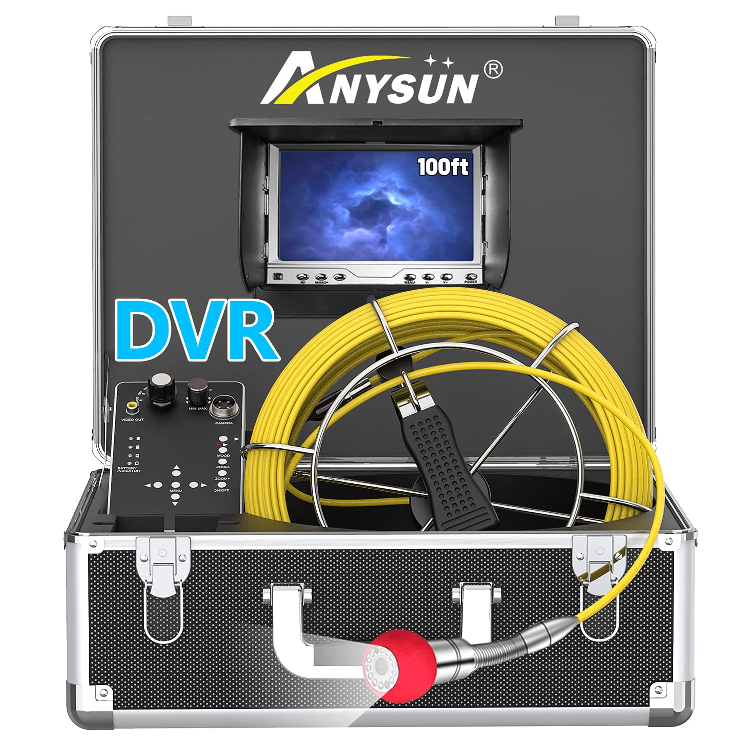 Sewer Inspection Camera with 7'' Screen, 100 FT Waterproof Snake Cable, 12pcs Adjustable LED Lights