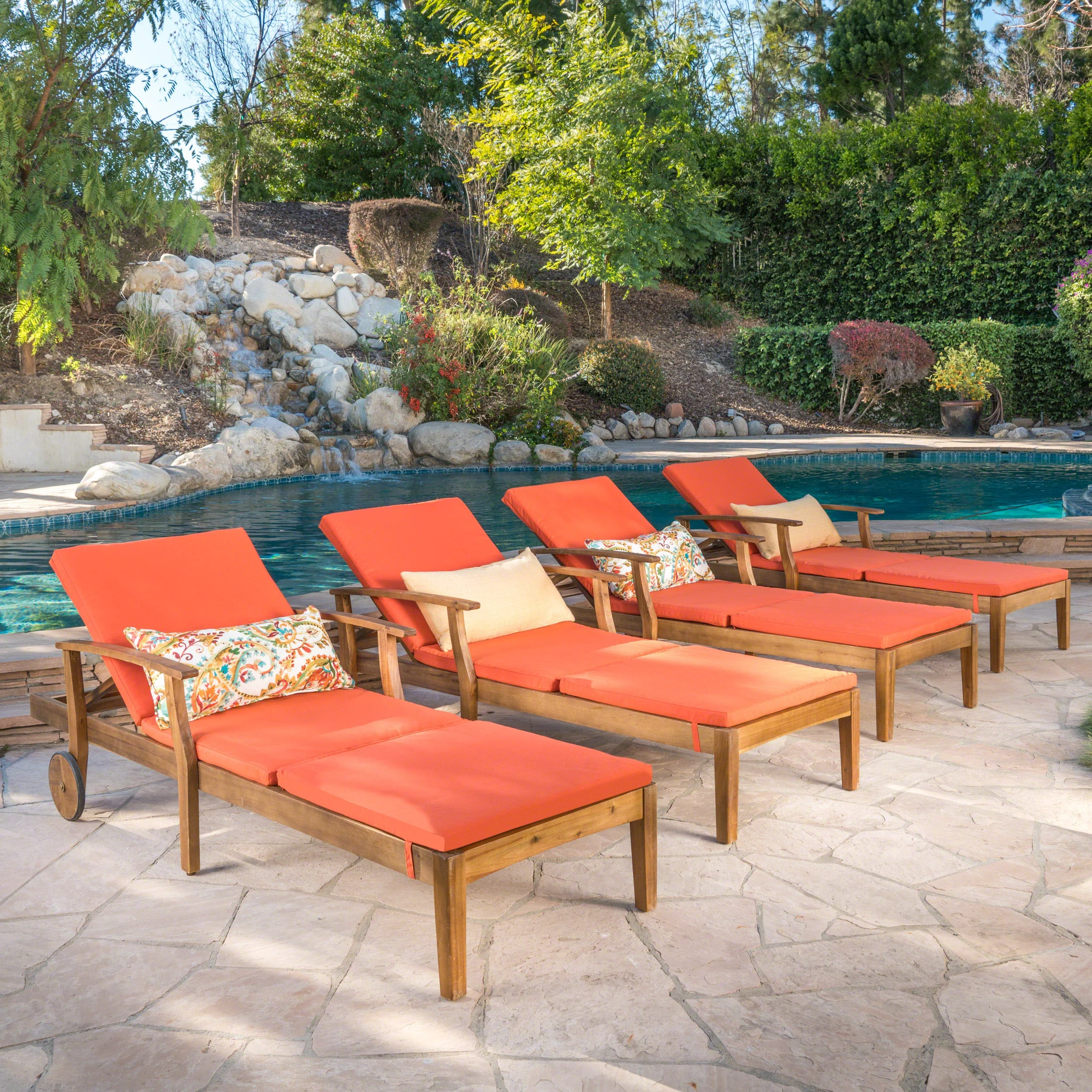 Mavis Outdoor Chaise Lounge With Cushion, Set of 4, Teak Finish, Orange - Curated Treasures Market