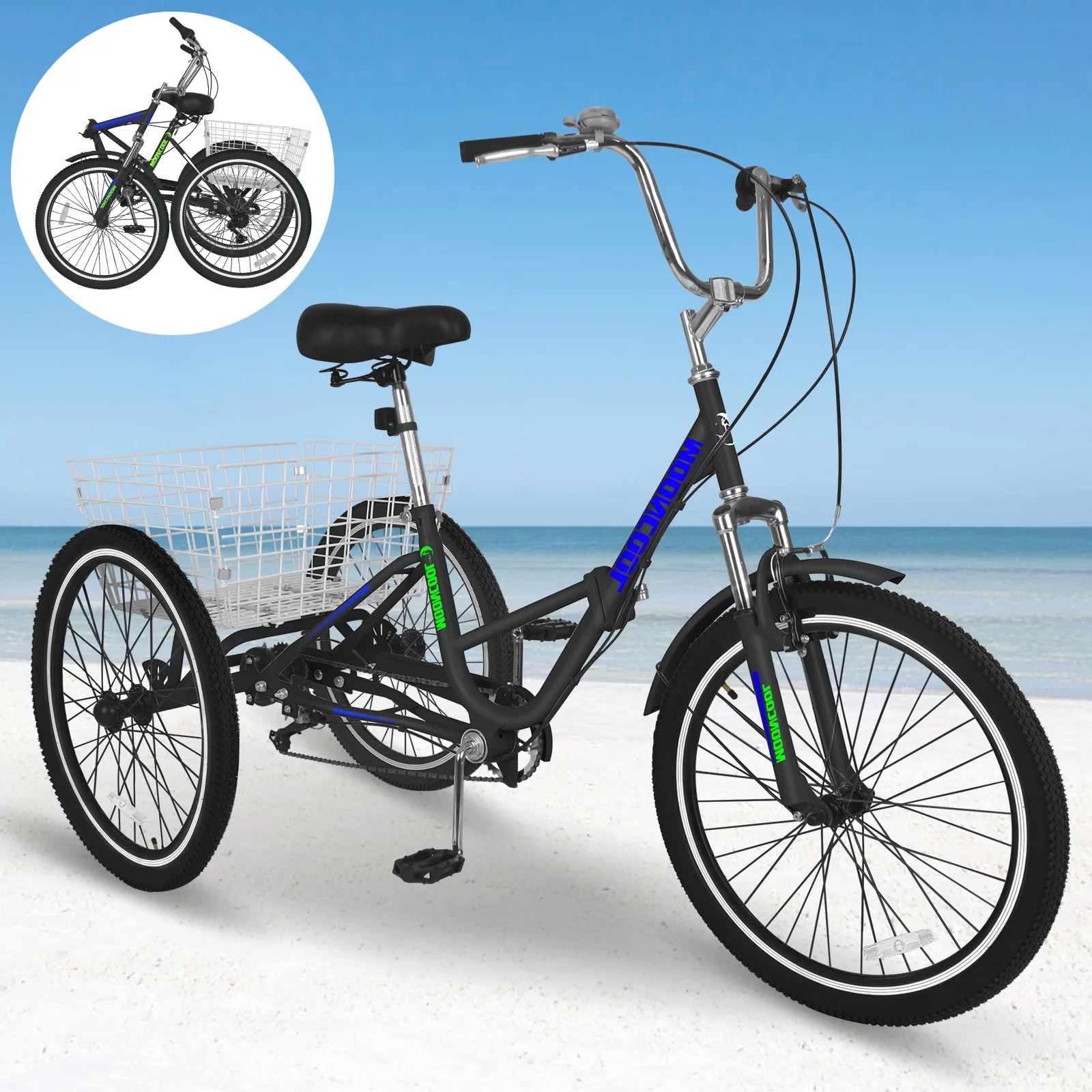 Adult Folding Tricycles Folding Bikes, 7 Speed 24Inch 3 Wheel Adult Trikes Cruiser Bike with Large Basket, Foldable Tricycle for Adults, Women, Men