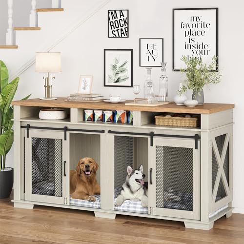 71" Dog Crate Furniture for 2 Dogs, Dog Kennel with 3 Storage Drawers & Removable Divider, Extra Large Double Dog Cage As TV Stand