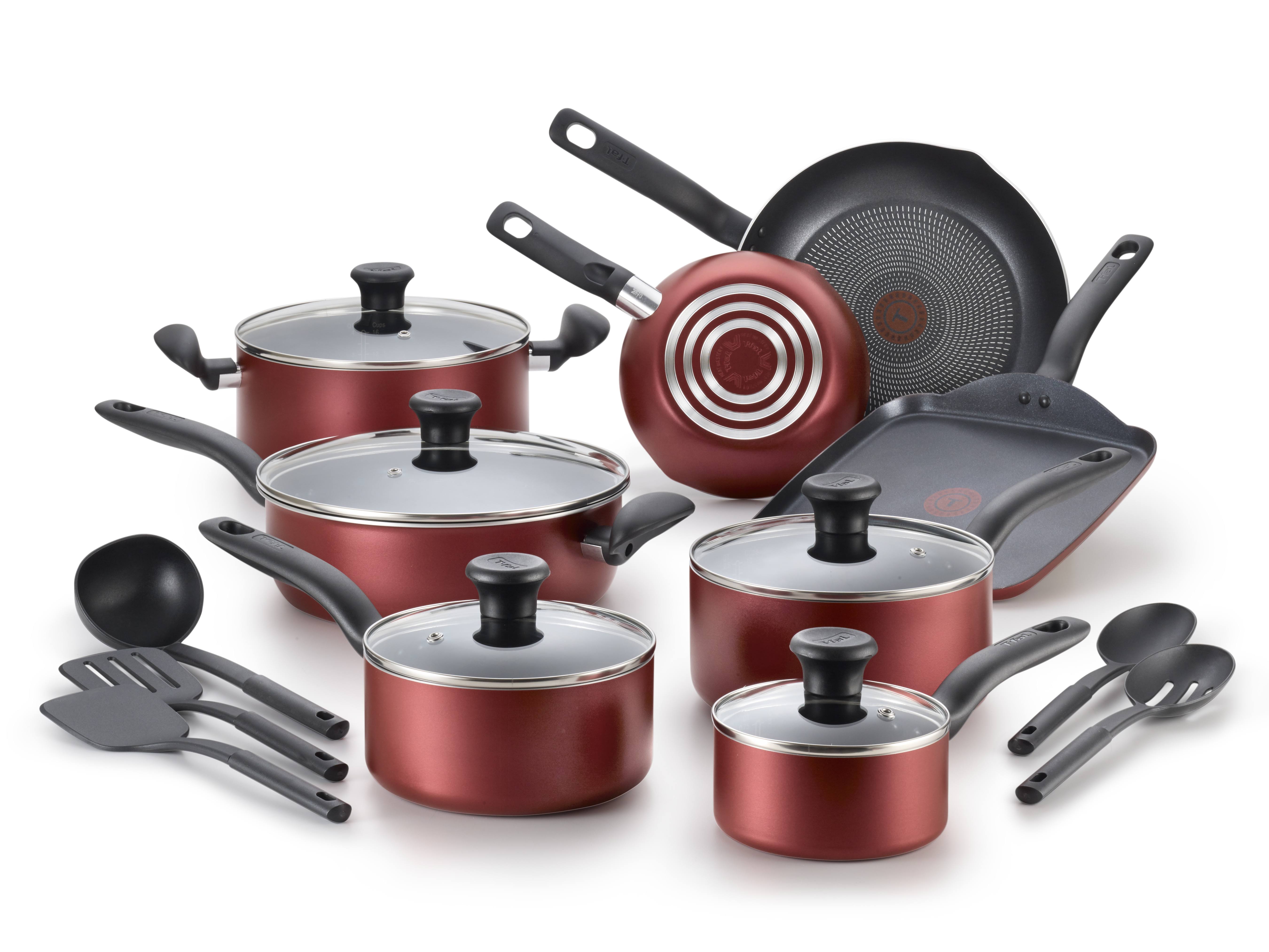 T-fal, Dishwasher Safe Cookware Set, 18 Piece, Red Initiatives Nonstick Inside