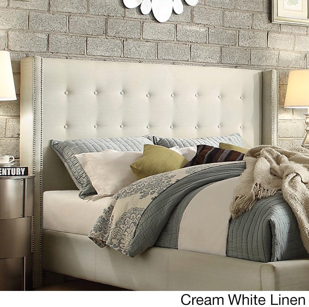 Inspire Q Marion Button-tufted Wingback adboard by Bold Queen Beige Linen Headboard Espresso Finish Queen