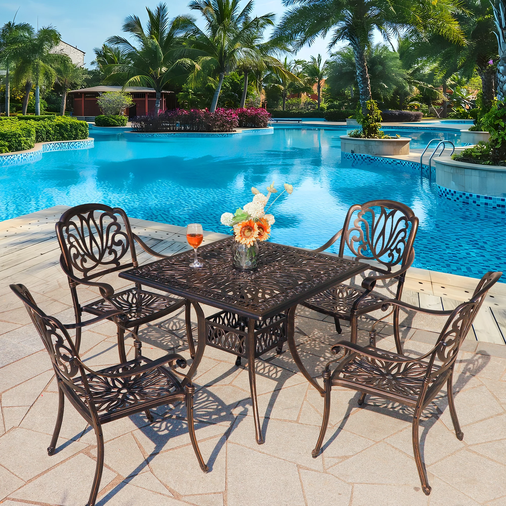 Magic Union 5-Piece Outdoor All-Weather Cast Aluminum Furniture Dining Set, Conversation Set with Umbrella Hole for Patio Garden Deck