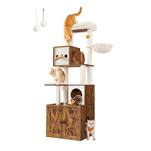 Feandrea Cat Tree with Litter Box Enclosure, 2-in-1 Modern Cat Tower, 70.8-Inch Tall Cat Condo with Scratching Posts, Perch, Caves, Basket