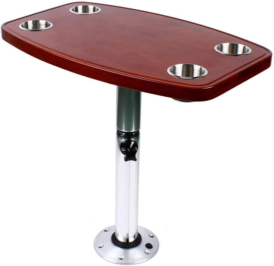 Boat Table, Caravan Motorhome Marine Boat Varnished Oak Table W/4 Cup Holders Adjustable Table Pedestal Stand Base 22-28
