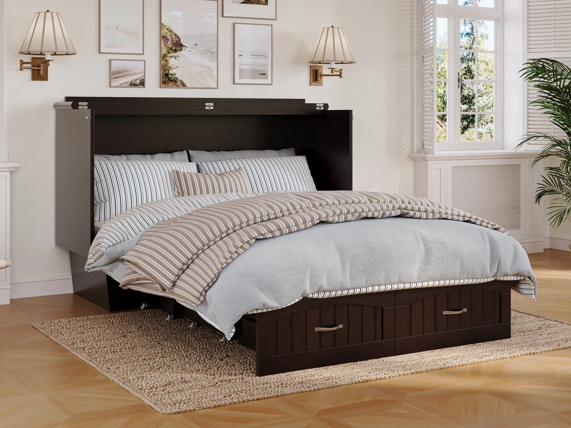 AFI Nantucket Queen Solid Wood Murphy Bed Chest with Mattress, Drawer & Charger in Espresso
