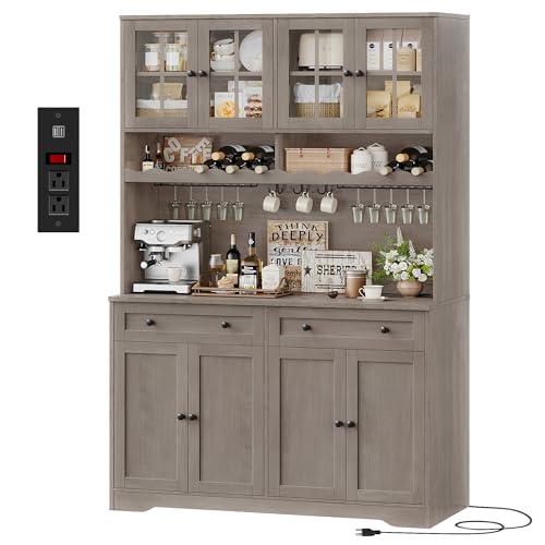 HOSTACK 75.4" Tall Kitchen Pantry Cabinet with Charging Station, Modern White Kitchen Hutch with Microwave Stand and Wine Rack