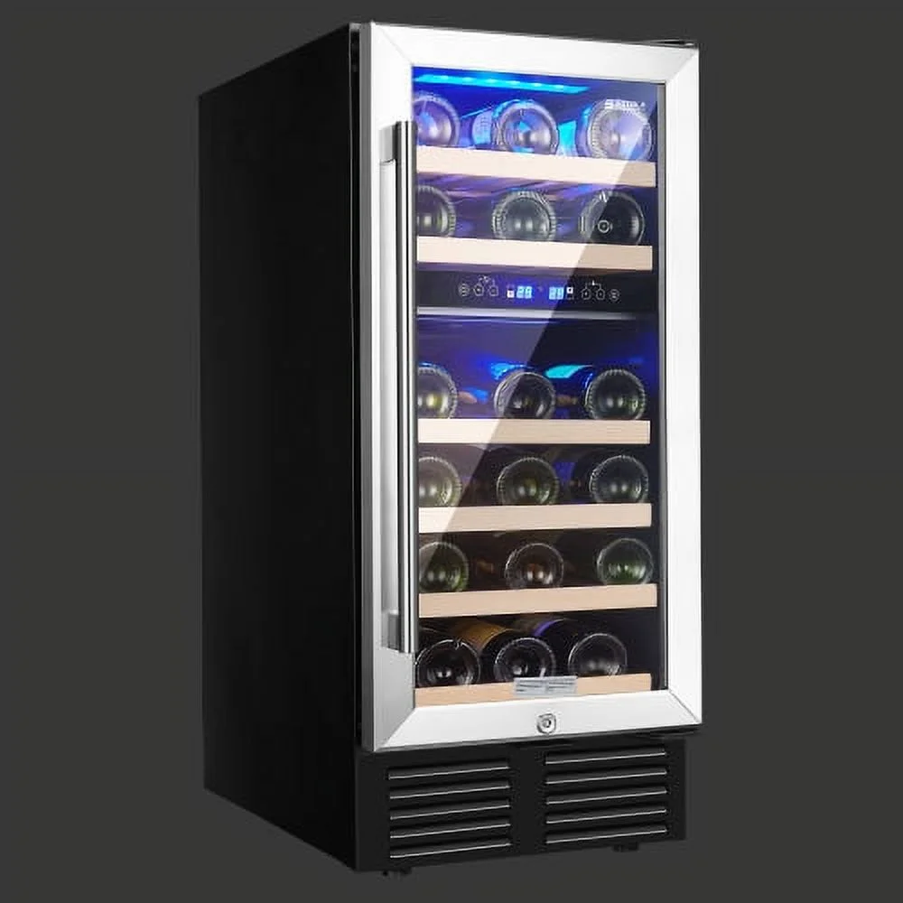 RIGO 15 Dual Zone Inch Wine Cooler Refrigerators 28 Bottle Fast Cooling Low Noise Wine Fridge with Professional Compressor Stainless Steel