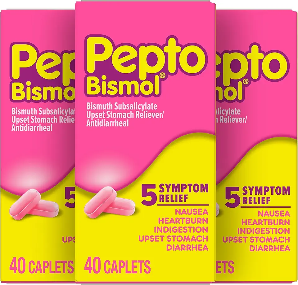 Pepto Bismol Caplets for Nausea, Heartburn, Indigestion, Upset Stomach, and Diarrhea, 5 Symptom Fast Relief in a Convenient Form