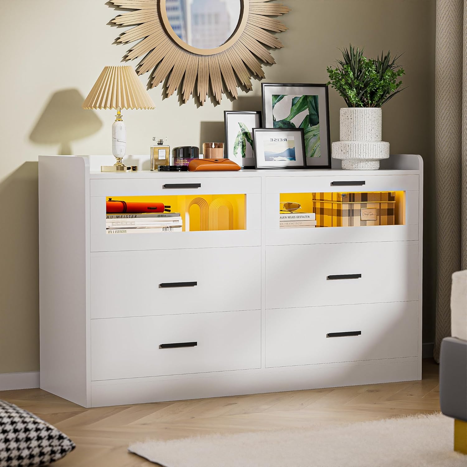 Cozy Castle 6 Drawer Double Dressers LED Modern Chest of Drawers Large Organizer Wood Accent Storage Cabinets for Living Room Home Office Entryway