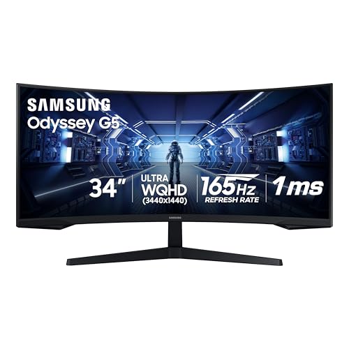 Samsung 34' Odyssey G5 Ultra-Wide Gaming Monitor with 1000R Curved Screen, 165Hz, 1ms, FreeSync Premium, Large Display, Eye Comfort, Multiple Ports
