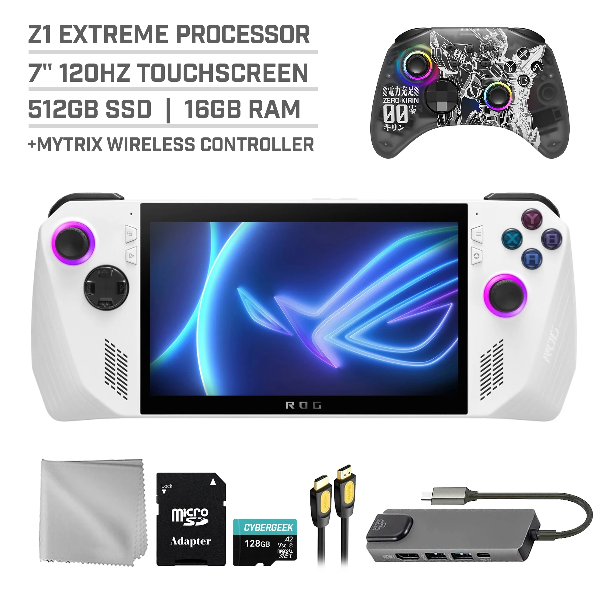 ASUS ROG Ally 512GB Gaming Handheld 7-inch Touchscreen 120Hz FHD 1080p AMD Ryzen Z1 Extreme Processor, Mytrix Zero-Kirin Wireless Pro Controller, Hub