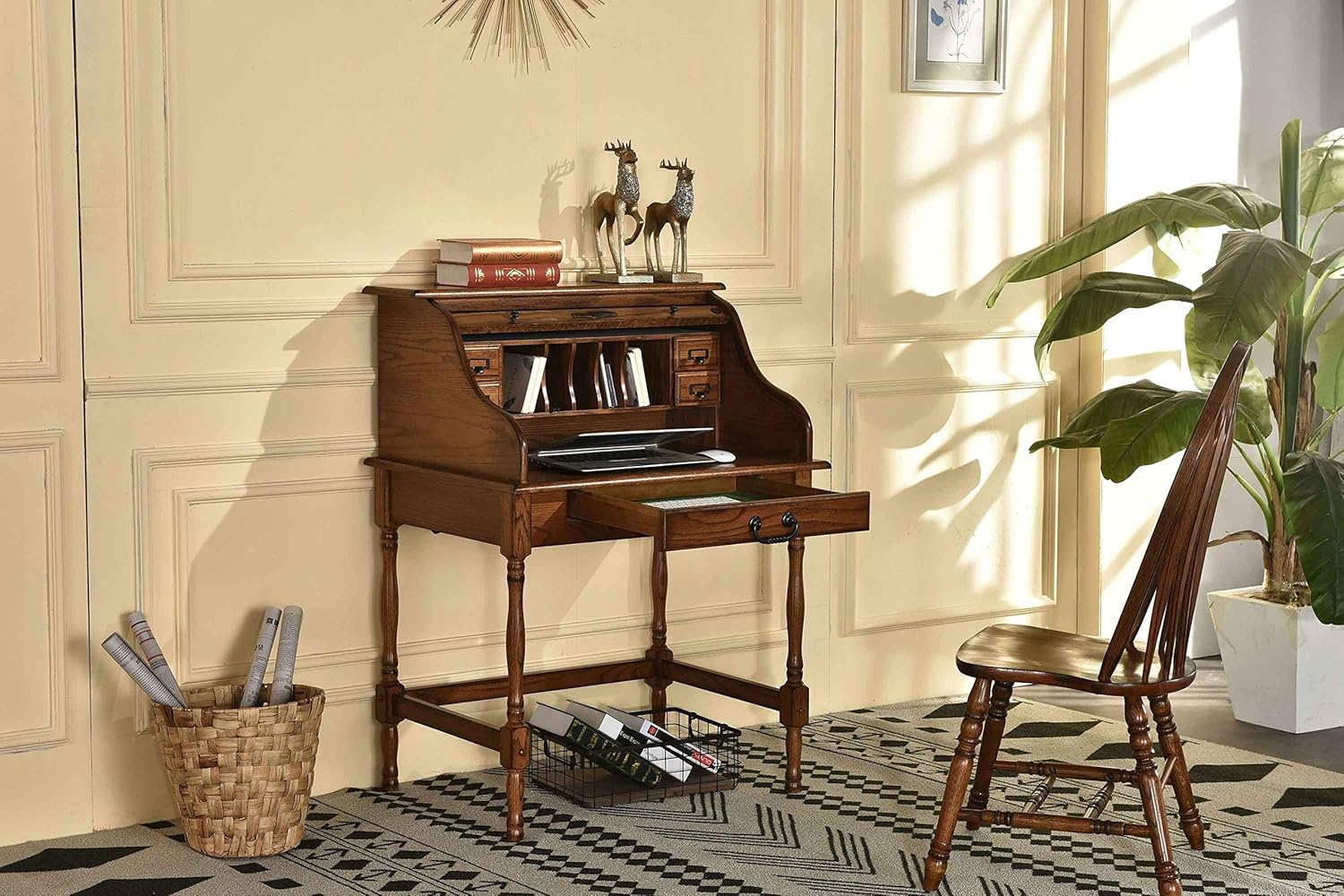 Mini Roll Top Desk Solid Oak Wood 32x 24x 44 Small Writing or Laptop Desk Burnished Walnut Finish Small Desk For Home Office, Kitchen, Bedroom
