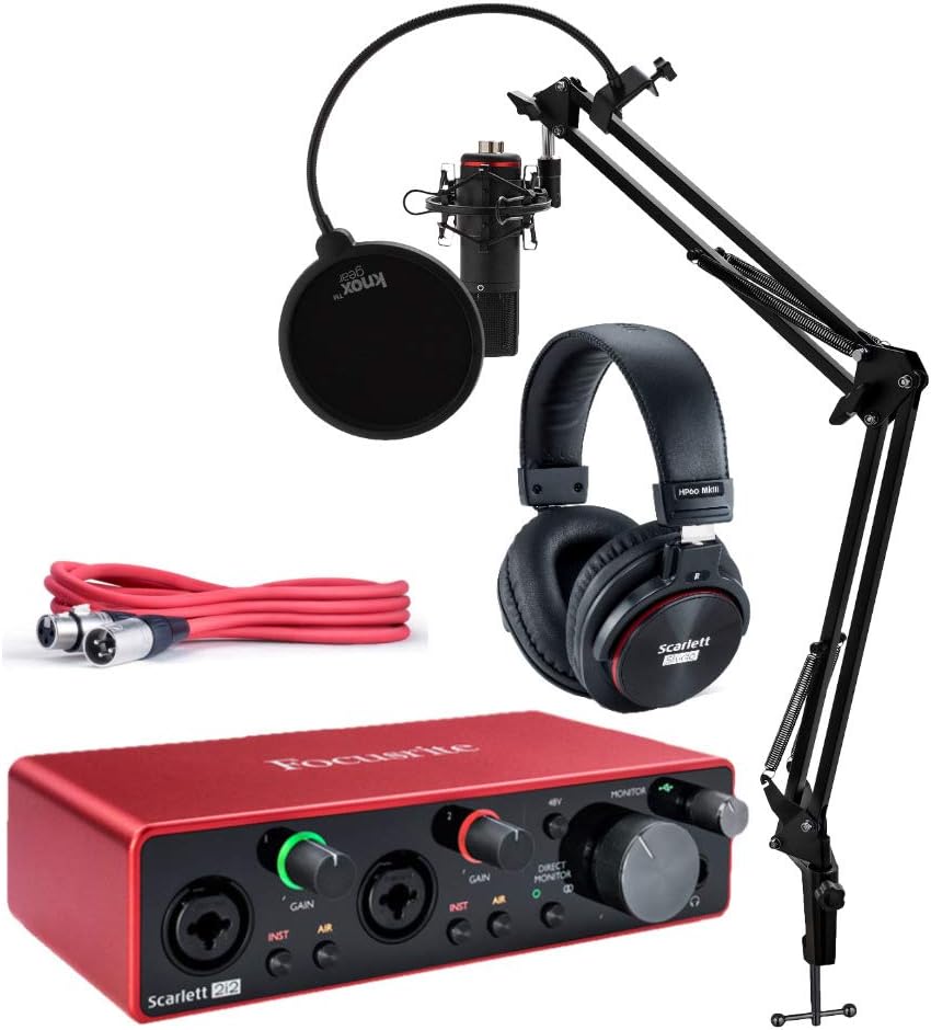 Focusrite Scarlett 2i2 Studio 3rd Gen USB Audio Interface Bundle with Pro Tools First, Microphone, Headphones, XLR Cable, Knox Studio Stand