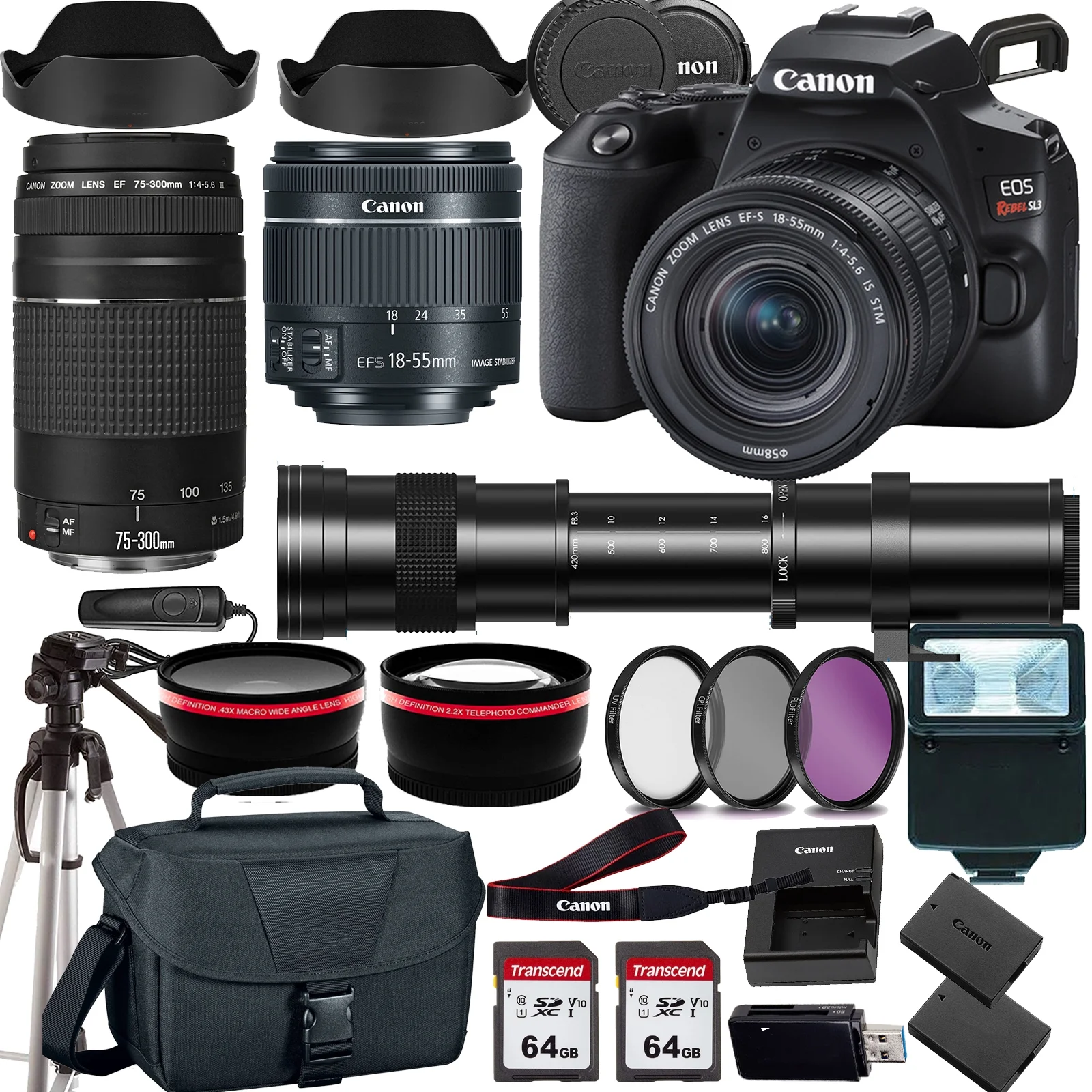 Canon Rebel SL3 / EOS 250D DSLR Camera w/Canon EF-S 18-55mm f/4-5.6 IS STM Lens+Canon EF 75-300mm III Lens+420-800mm HD Telephoto Zoom