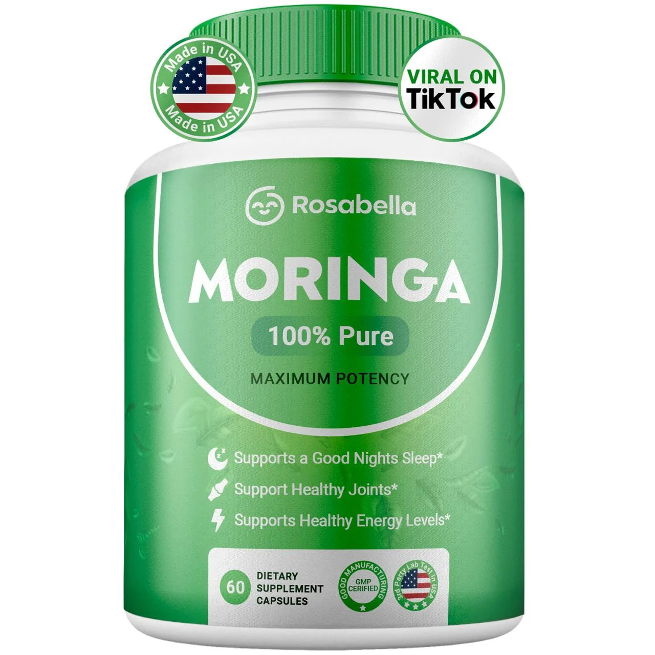 Moringa Powder Capsules - Pure Nutrient-Rich Moringa Powder - A Natural Green Antioxidant Superfood - Supports Energy, Skin Health, Gut Health+
