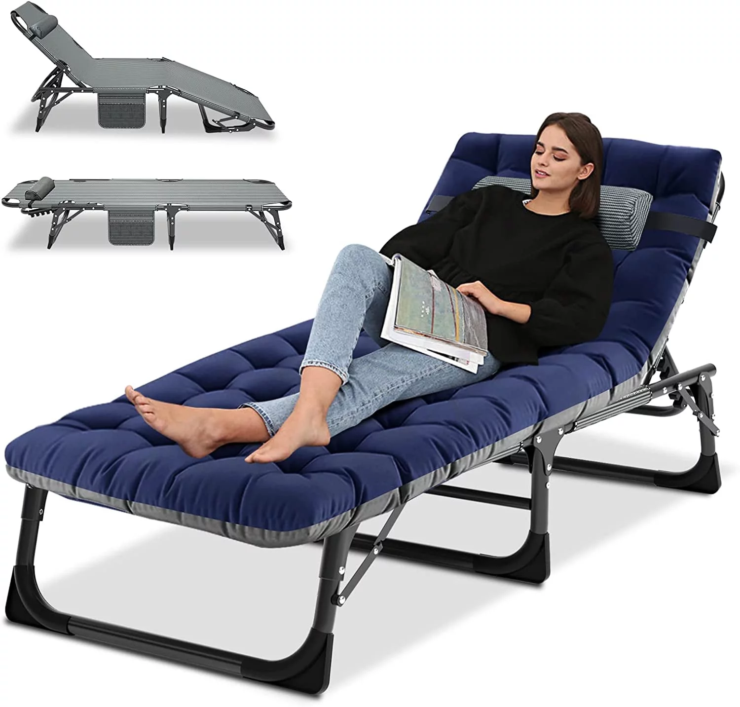 Lilypelle Camping Cot, Adjustable 4-Position Adults Reclining folding Chaise with Pillow, Outdoor portable Lounge Chair Sleeping Cots Bed