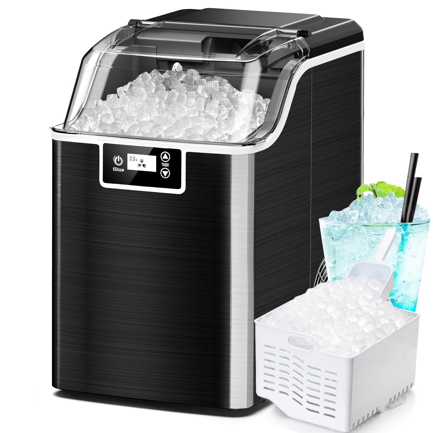 Kndko Nugget Ice Maker Countertop, Crushed Ice Maker, 45lbs/Day, 24H Timer, Self Cleaning Ice Maker Nugget Ice Cubes for Home Bar Party