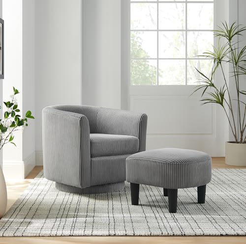 Swivel Accent Chair with Ottoman, Comfy Corduroy Barrel Chair, 360°Swivel Round Arm Chair, Reading Armchair with Footstool Set
