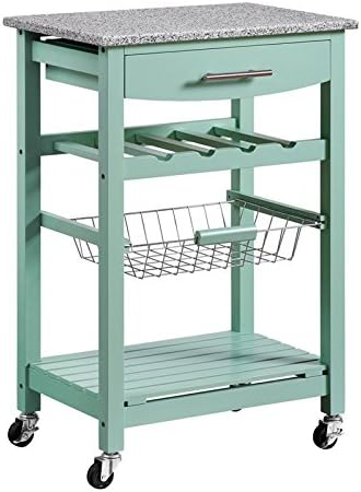 Riverbay Furniture Granite Top Pine Wood Rolling Kitchen Island Microwave Cart on Wheels with Storage in Green