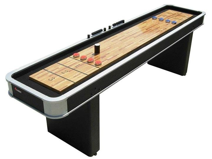 Atomic 9＊ Platinum Shuffleboard Table with Poly-coated Playing Surface for Smooth Fast Puck Action and Pedestal Legs with Levelers for Optimum
