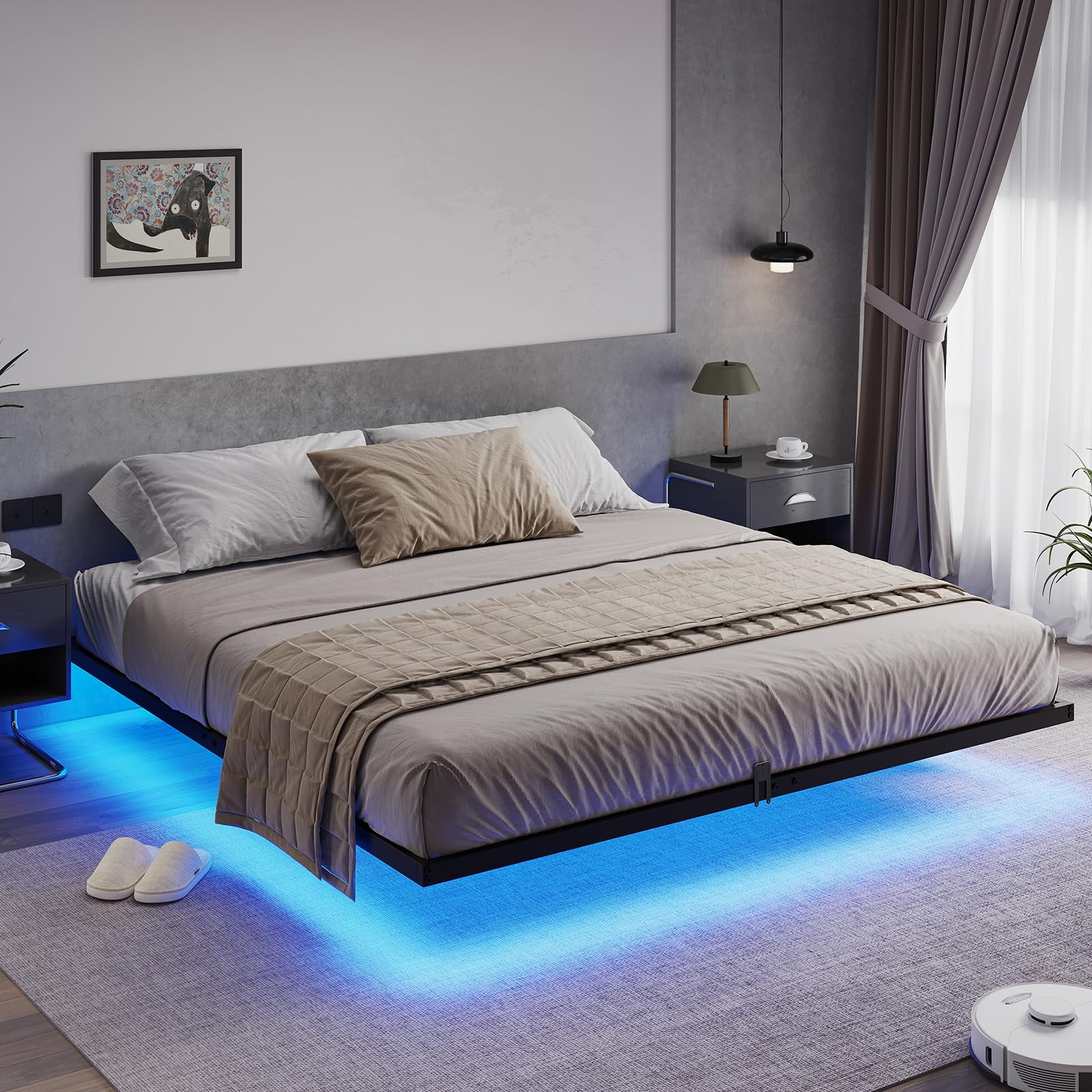 Queen Size Floating Bed Frame with LED Lights, Black Metal Platform Bed, No Box Spring Needed, Easy to Assemble