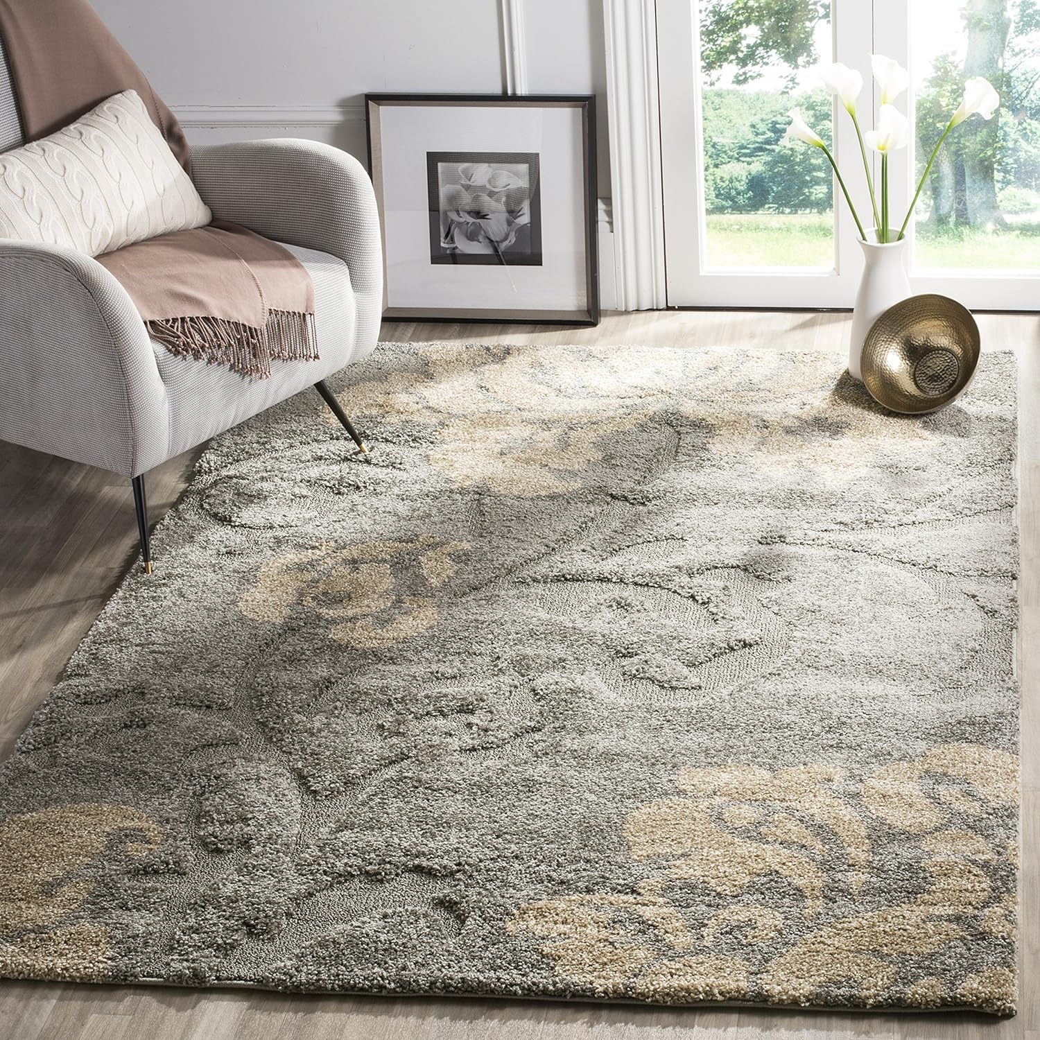 SAFAVIEH Florida Shag Collection Area Rug - 8'6" x 12', Grey & Beige, Floral Design, Non-Shedding & Easy Care