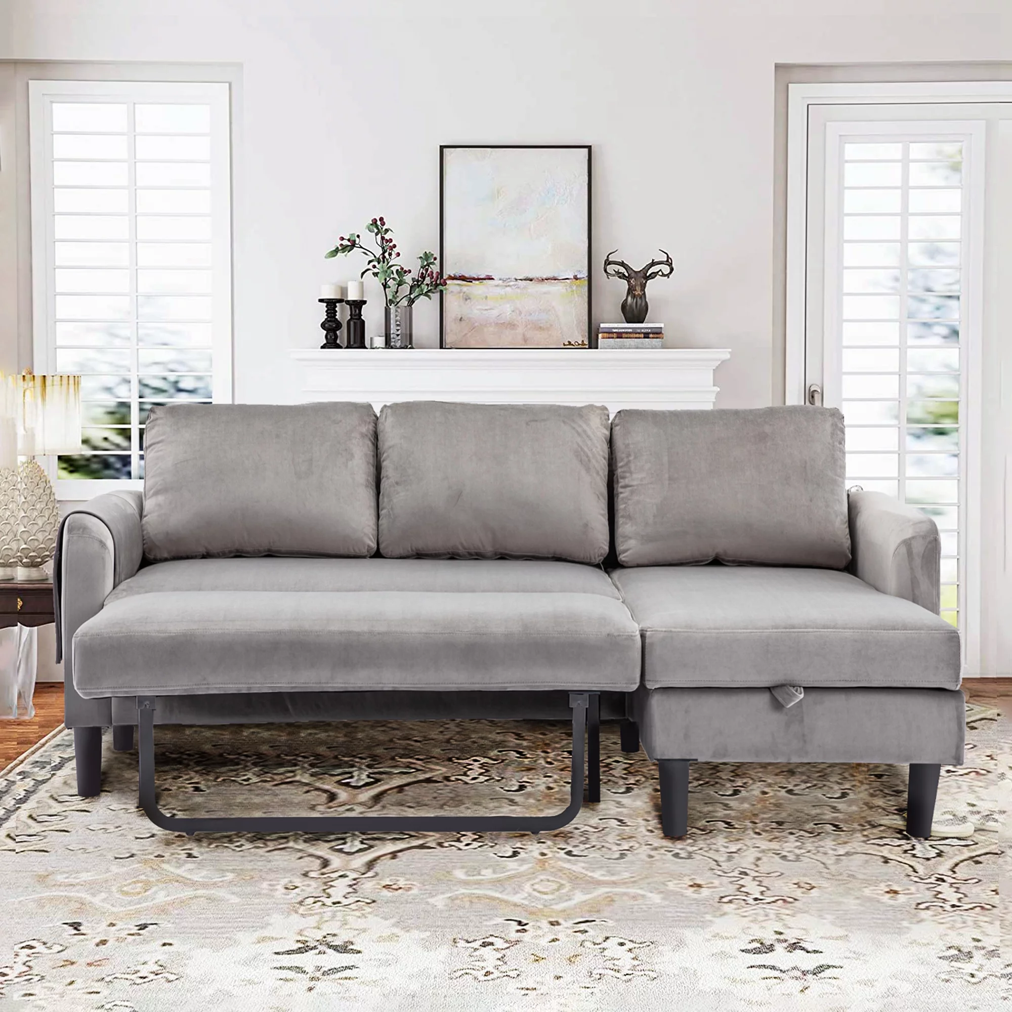 Muumblus Sectional Sleeper Sofa with Pull Out Bed, Modern Sectional Sofa with Storage Shaise, Pull Out Sofa Bed for Living Room, Gray Fabric