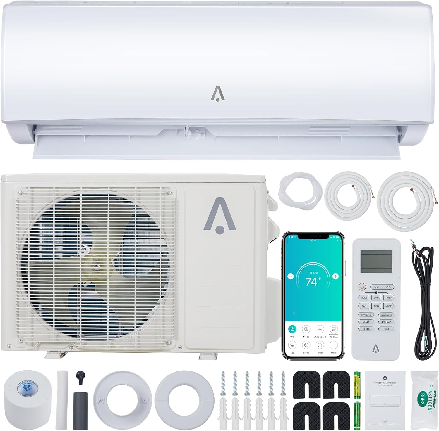 24000 BTU Smart Mini Split AC/Heating System 19 SEER Split Inverter Air Conditioner with Pre-Charged Heat Pump & Installation Kit